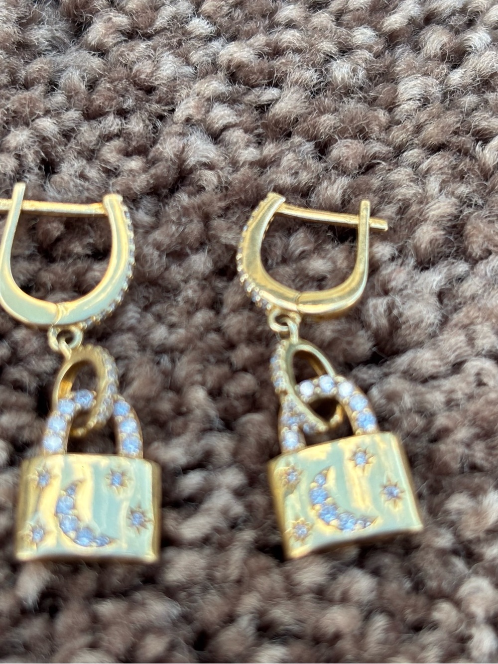 Gold-Tone Lock Drop Earrings with Pavé Moon & Star Accents(925)